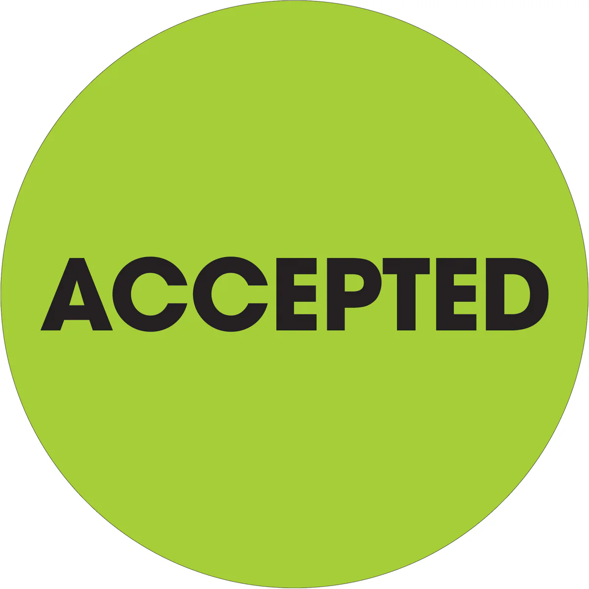 2" Circle - "Accepted" Fluorescent Green Labels 500/Roll